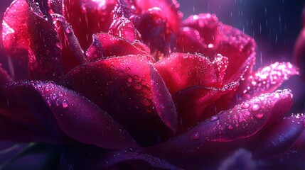 Close-up of a vibrant red peony in rain, mystical glow
