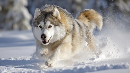 Naklejka premium A powerful Arctic Siberian Husky running through deep snow, breath visible - Power Movement Weather Siberian