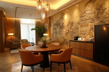 Elegant dining room with wooden table and orange chairs featuring traditional wall art and pendant lamp