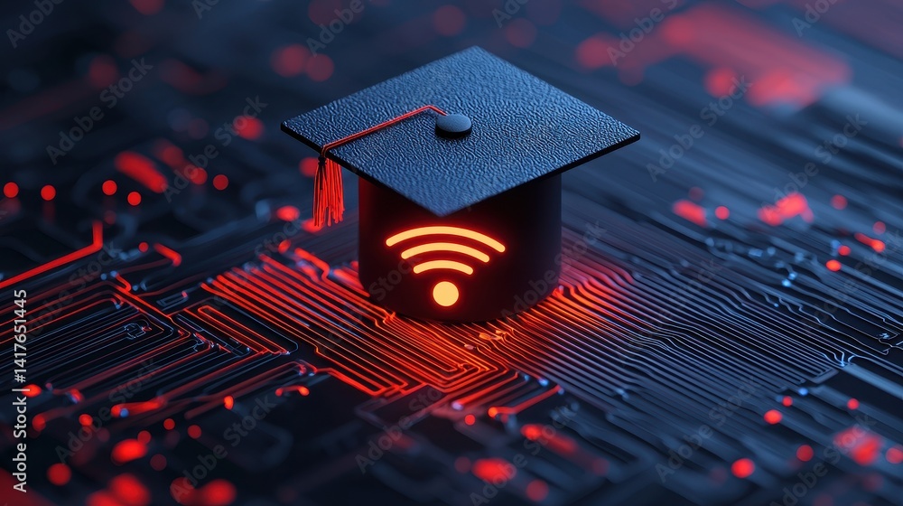 Poster graduation cap with wireless signal on circuit board background symbolizing education and technology