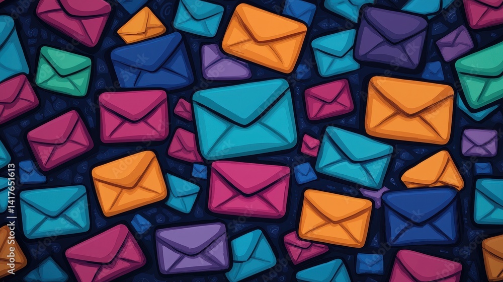 Poster colorful envelope patterns on dark background suitable for digital design and print projects