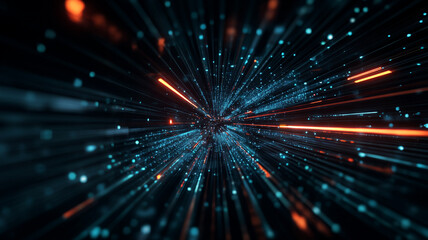 Dynamic abstract digital explosion of glowing blue and orange light particles radiating from a central point, symbolizing data transmission, speed, and futuristic technology.