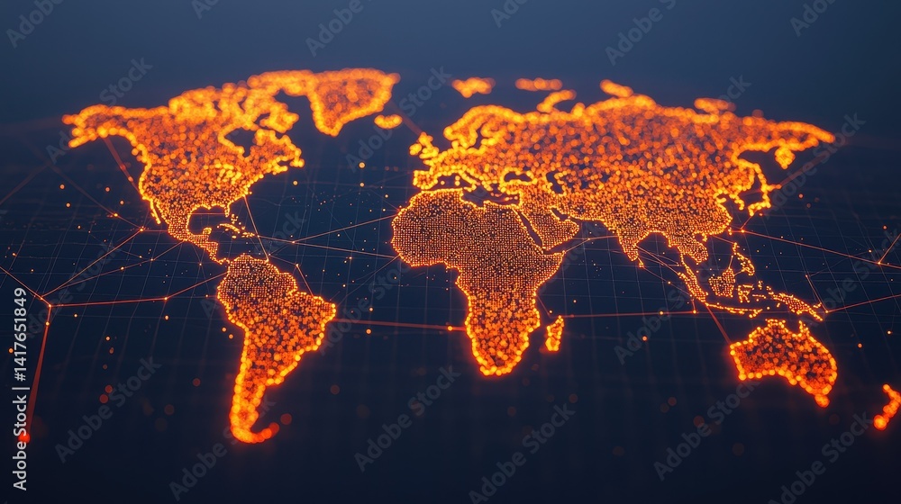 Poster detailed glow representation of world map with network connections in bright orange on dark backgrou