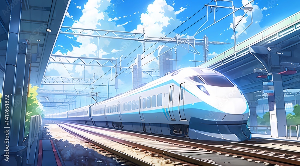 Poster 高速鉄道車両が青い空の下駅に到着 風景全体を彩る鮮やかな青色と白い車体