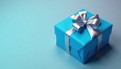 Obraz premium Gift wrapped in blue paper with shiny silver bow, stylish gift box,