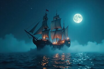 Fototapeta premium Ghostly pirate ship glides through misty waters under starry sky, foggy, vessel
