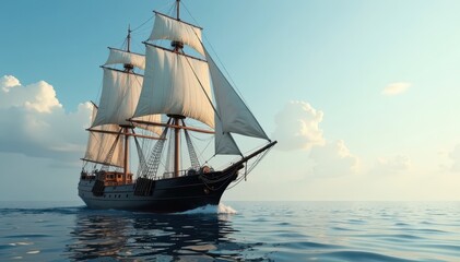 Gigantic liner with intricate rigging and towering mast, anchored in calm waters , boat, ocean