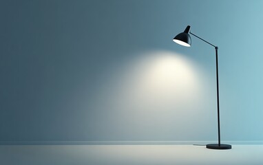 Modern floor lamp illuminating a blue wall.