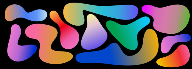 Abstract liquid organic shapes with gradients. Vector bubbles on a black background. Irregular graphic elements with gradients
