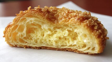 Close-up of a fluffy, golden-brown croissant, flaky layers visible - background rich delicious still