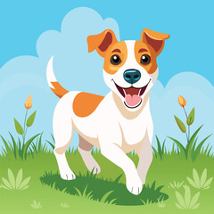 A Jack Russell Terrier with its mouth wide open joyfully runs through a grassy field under a bright sky.