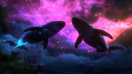 Cosmic whales soar above starry cloudscape