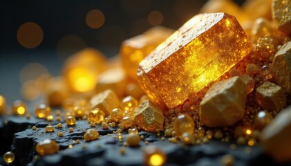 Glittering golden mineral close-up with intricate patterns, natural, shiny