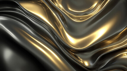 3D abstract render of smooth, flowing black and gold liquid waves with high-gloss reflections. Elegant, luxurious, and modern texture ideal for premium design themes.