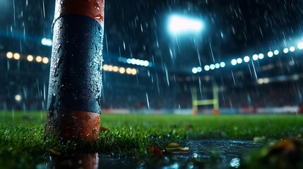 Rugby post in a drenched stadium at night.