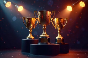 Glittering trophy cups stand tall on a podium in spotlight, shine, glitter