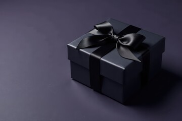 Obraz premium Glossy black gift box wrapped in a luxurious black satin ribbon on a dark grey or purple background, holiday packaging, black gift box