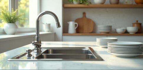 Glossy stainless steel sink and sparkling clean plates in a bright and airy kitchen, kitchen decor, ceramic dishes