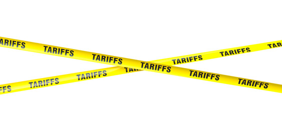 Yellow caution tape with the word tariffs repeating over a transparent background