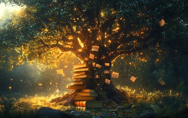 Magical tree glowing with books and pages.