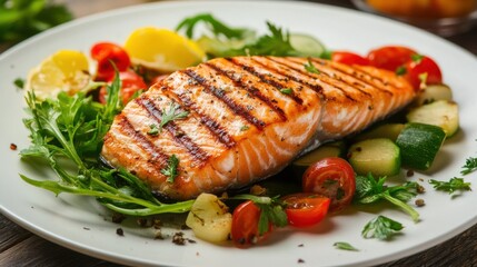 Two grilled salmon steaks with roasted potatoes and herbs on a white plate, creating a healthy and delicious seafood dish.