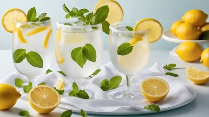 Homemade refreshing summer lemonade drink with lemon slices and ice
