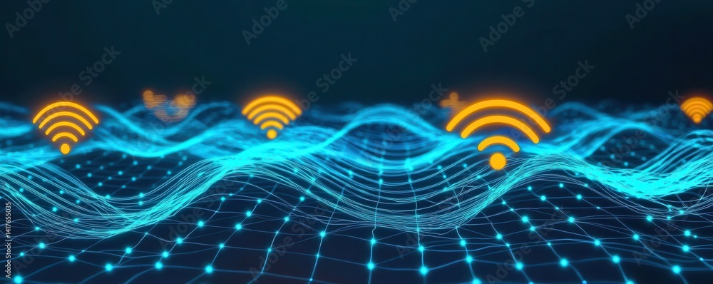 Poster a digital representation of wireless connectivity, featuring flowing waves and wi-fi signals against