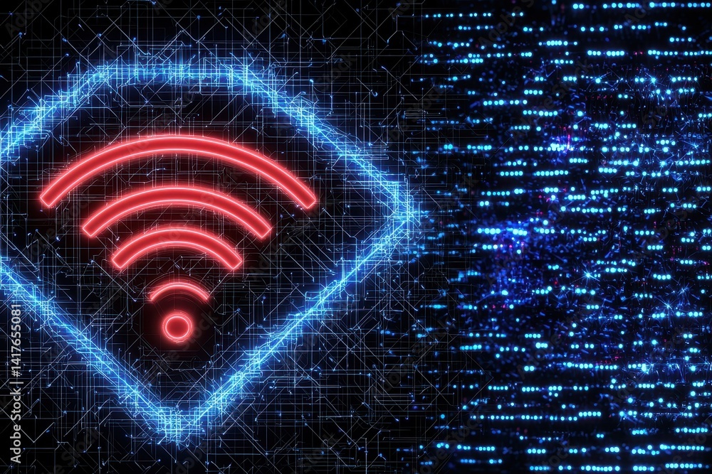 Poster a digital illustration featuring a wi-fi symbol surrounded by a network of glowing lines and binary 