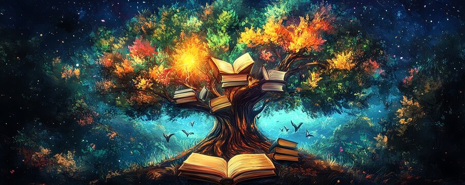Magical tree of knowledge, books as leaves.