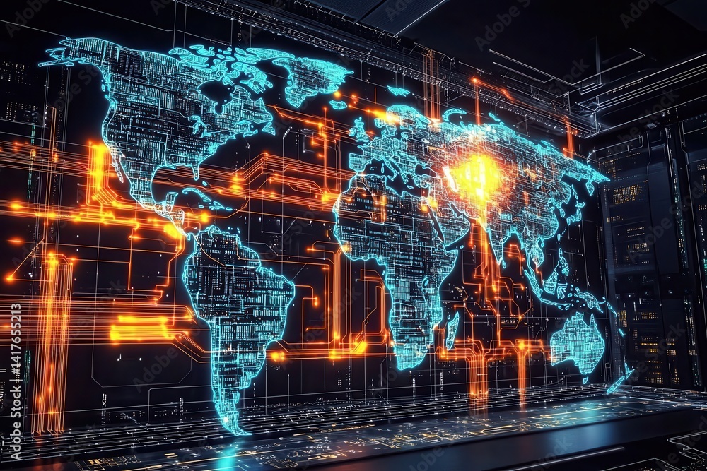 Poster a digital world map illuminated with neon lines, showcasing a tech-inspired design with circuit patt