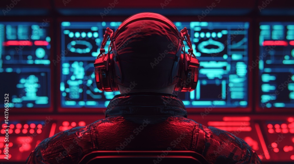 Poster futuristic cybersecurity analyst in dark environment with advanced technology and digital data visua