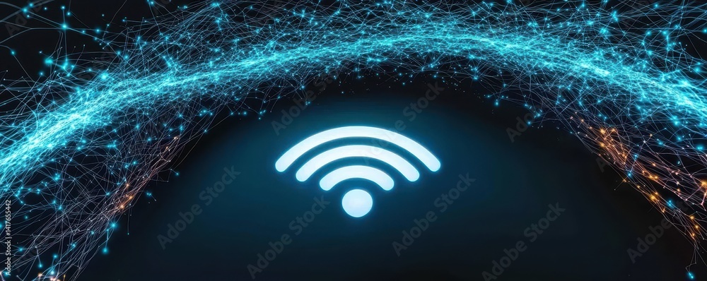 Poster a visual representation of a wifi symbol surrounded by a network of interconnected lines, symbolizin