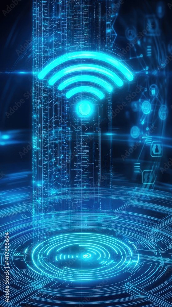 Poster a futuristic digital representation of wireless connectivity, featuring a glowing wi-fi symbol amids