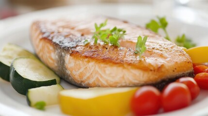 Two grilled salmon steaks with roasted potatoes and herbs on a white plate, creating a healthy and delicious seafood dish.