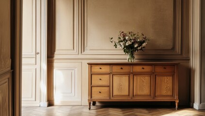 Elegant antique wooden sideboard with flowers in a sunlit French interior