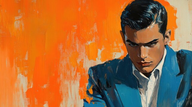 Confident Young Man with Intense Gaze and Bright Abstract Orange Background