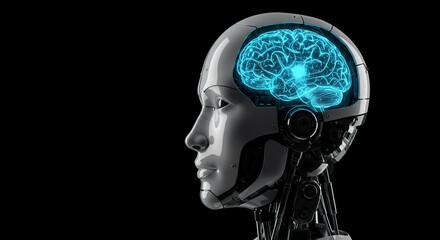 Side view of an android, with transparency head shows it brain glowing in blue light