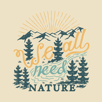 scenery illustration nature graphic typography design forest badge mountains vintage river