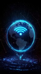 Obraz premium A glowing, digital globe with a Wi-Fi symbol representing global connectivity and technology, set against a starry background.