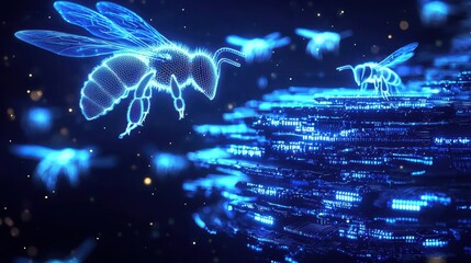 A digital, futuristic depiction of bees in a glowing, abstract environment, showcasing their importance in nature and technology.