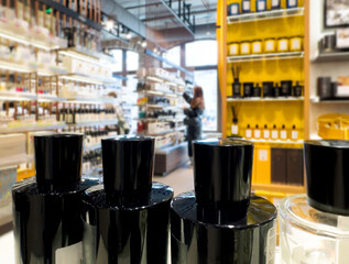 buying cosmetics, cream, shampoo in a perfume shop