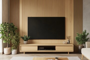 Modern minimalist living room with TV, wooden wall, and plants