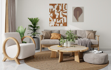 Modern living room with Scandinavian style featuring neutral colors. Includes a beige armchair, gray sofa, wooden coffee table, plants, abstract wall art, and a round woven rug
