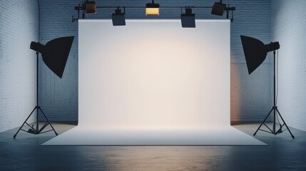 Empty photography studio with white backdrop and lighting for professional portrait or product photography setup