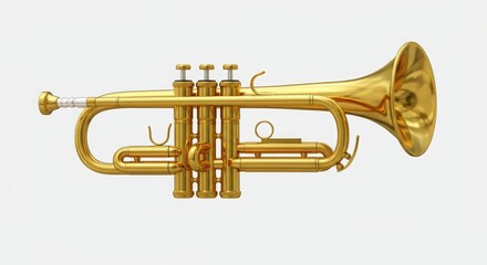 Obraz premium A photorealistic 3d rendering of a golden trumpet with a polished brass body and ornate design, highlighted under studio lighting for a showcase of precision craftsmanship and classical elegance.