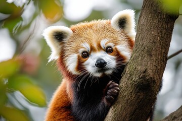 Adorable red panda climbing a tree in natural habitat
