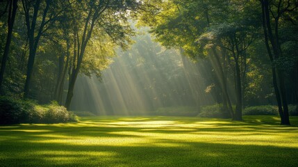 Sunbeams illuminating a serene glade in a vibrant, green forest landscape