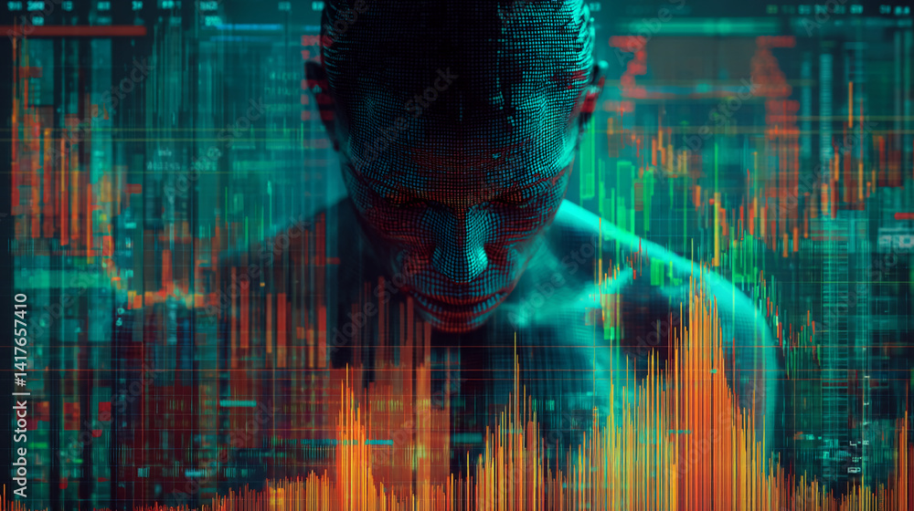 Poster abstract image of a digital face superimposed on data graphs, suggesting artificial intelligence, te
