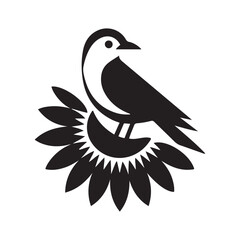 Minimalist Vector Black silhouettes Nature Illustration Bird, Flowers, Sun. with white background