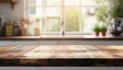 Wooden kitchen counter top with sunlight through window
